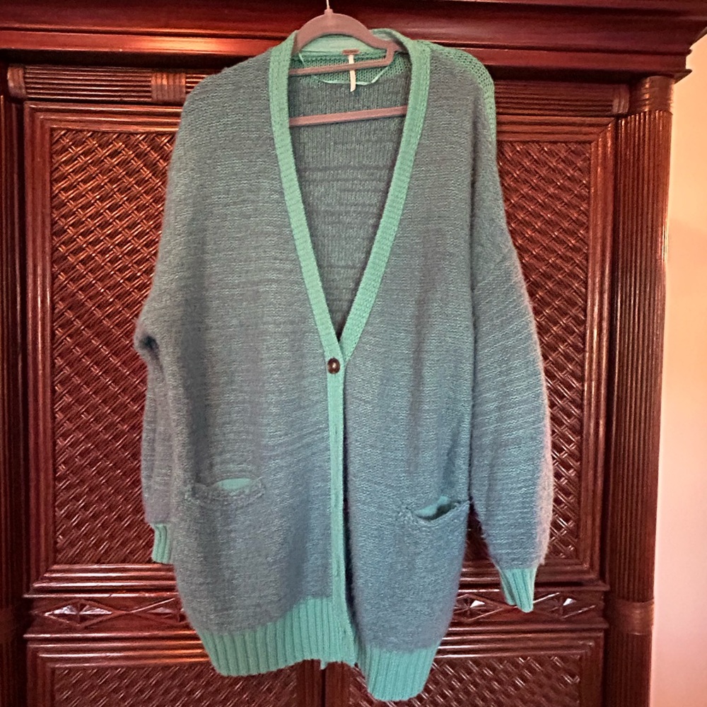 Free People Oversized Large Cardigan in Teal Blue.